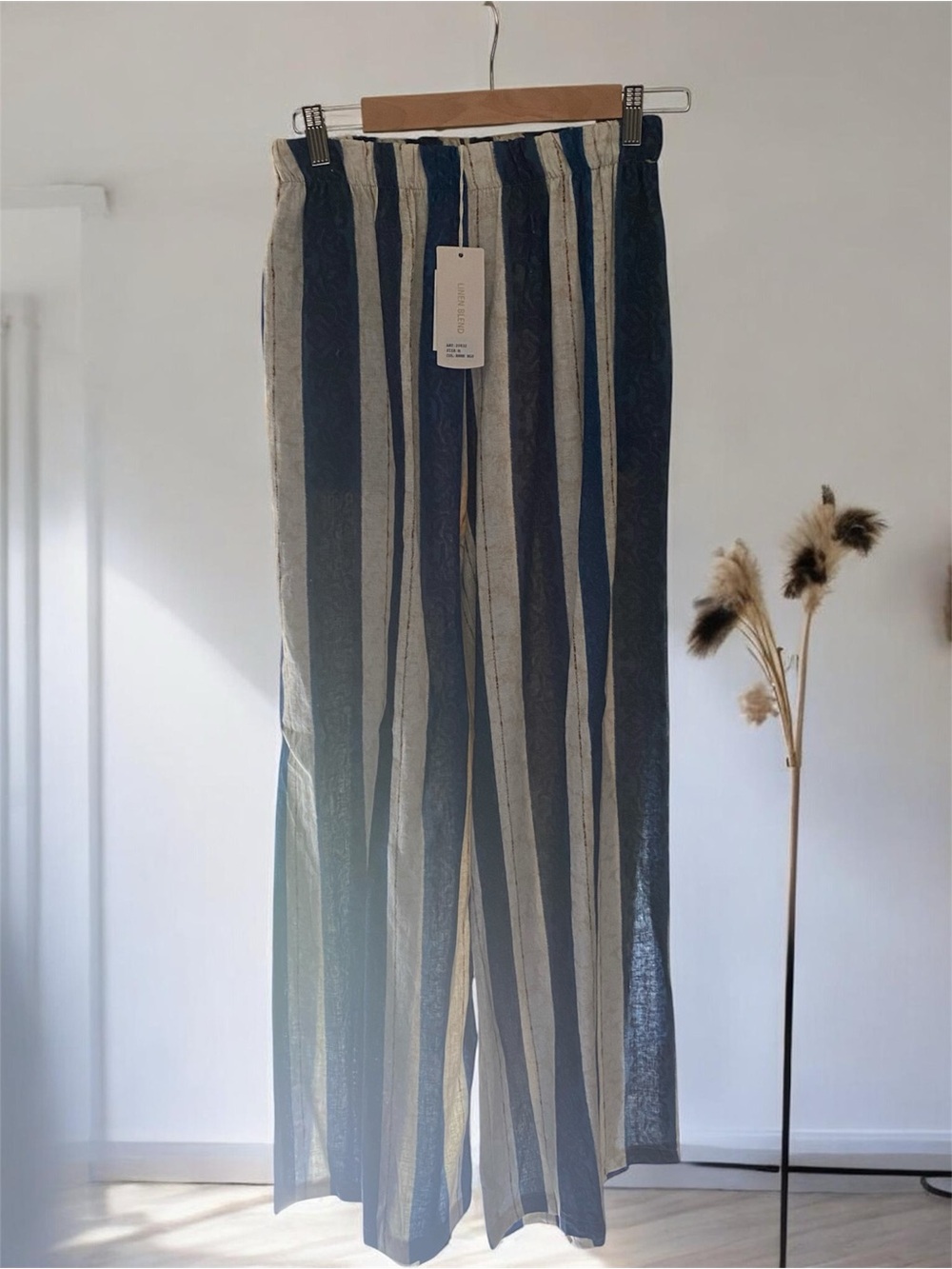 Wide-Leg Striped Navy and Cream Pants